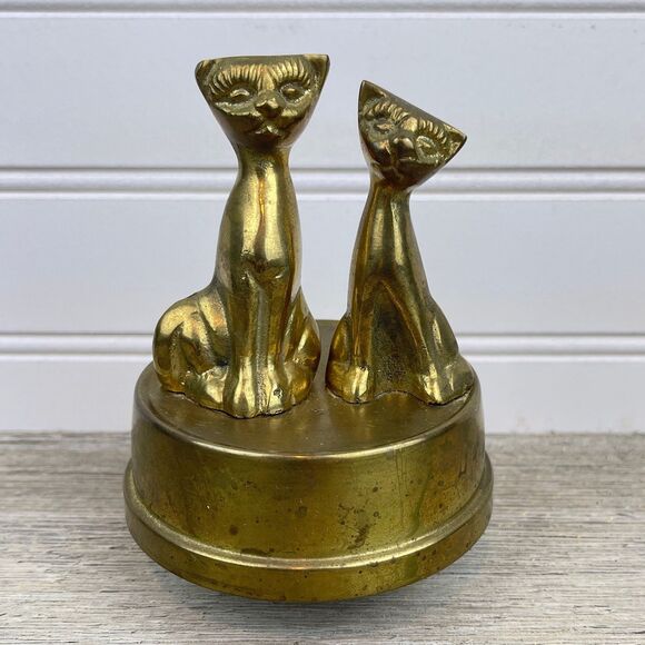 Vintage Siamese Cats Brass Music Box | It’s a Small World - Picture 1 of 10